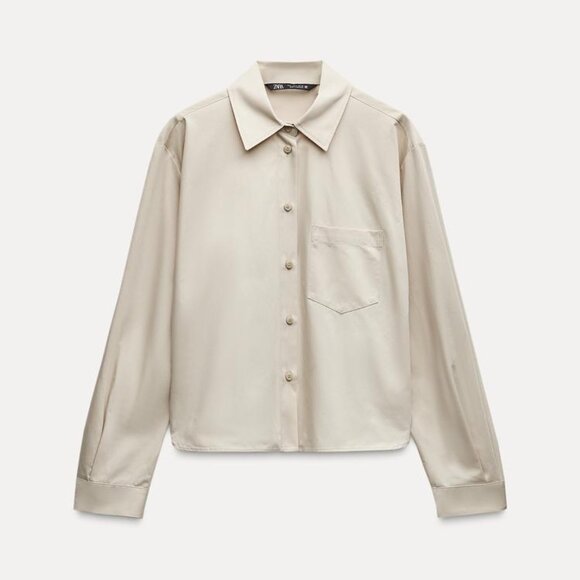 Zara NWT Satin Effect Twill Shirt 100% Cotton Long Sleeves Collared Beige Sz M - Picture 5 of 8